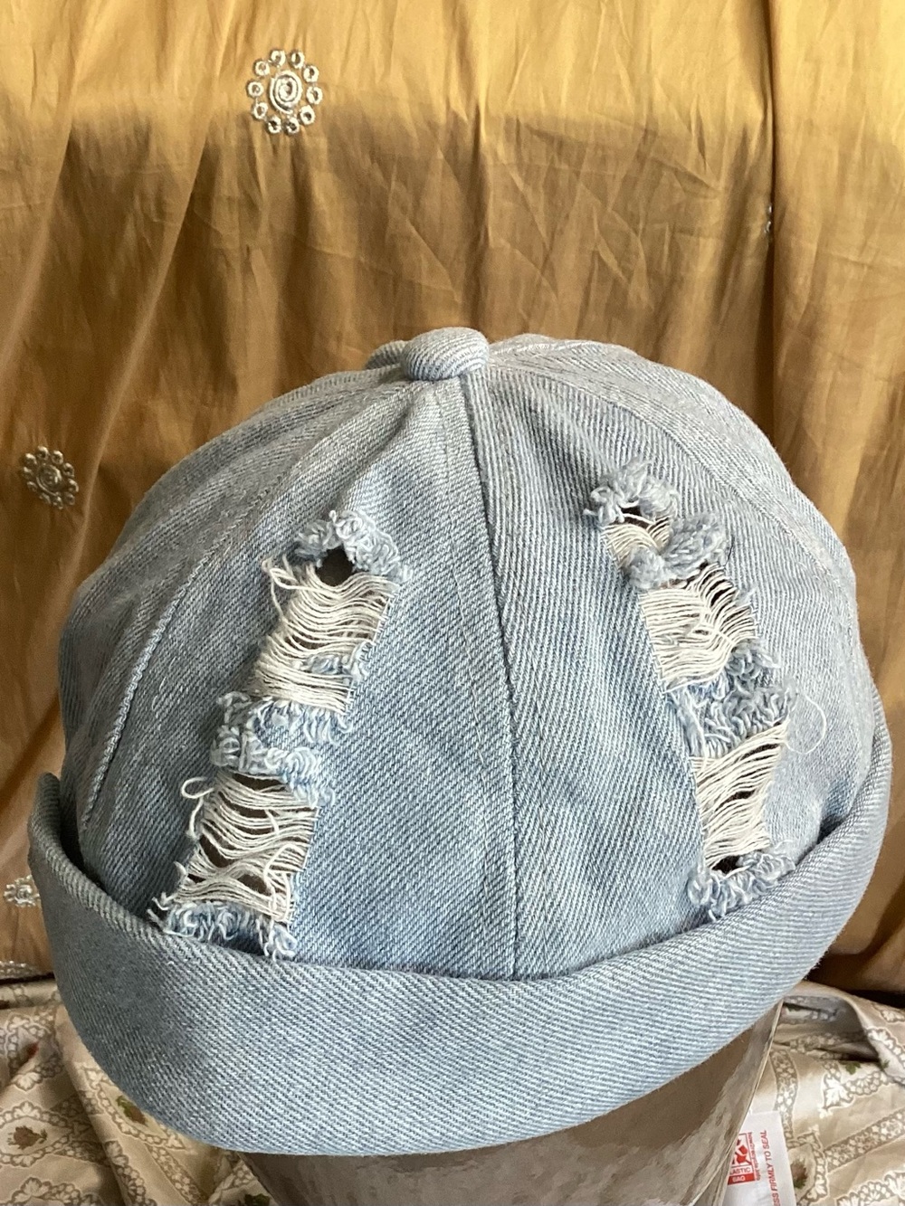 Light Blue Distressed Denim Cuffed Beanie - Picture 2 of 11